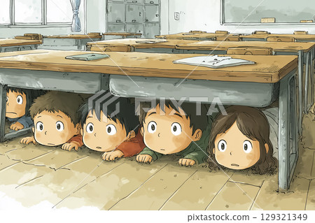 孩子學習災難時的安全行為 | 小學生在教室中參與疏散演習的動漫風格插圖 孩子學習災難時的安全行為 | 小學生在教室中參與疏散演習的動漫風格插圖 129321349