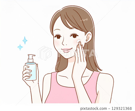 A clean illustration of a young woman doing skin care | Beauty, cosmetics, and moisturizing concept 129321368