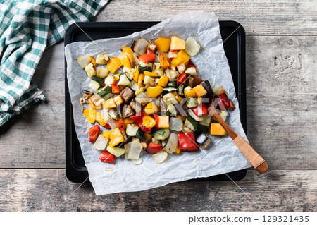 Roasted vegetables on a baking tray Roasted vegetables on a baking tray 129321435