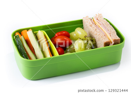 Healthy Lunchbox for school with sandwich,fruit and vegetables 129321444