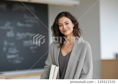 Smiling teacher holding books in classroom, educating, and smiling confidently with her warm 129321520
