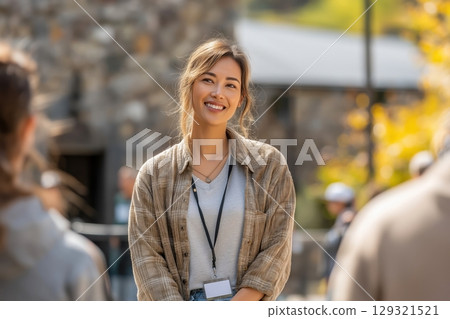 Smiling tour guide welcoming visitors to a historic site with a friendly gesture 129321521