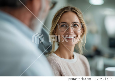 Smiling woman with glasses in a meeting or consultation displaying professional confidence 129321522