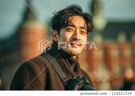 Stylish asian man traveling and photographing european city with camera outdoors 129321524