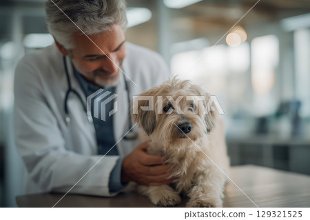 Veterinarian examining a cute dog with care and affection during a checkup appointment at a clinic 129321525