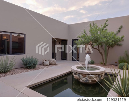 Serene Southwestern Courtyard Oasis with Tranquil Fountain 129321559