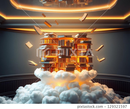 Floating Library Ascending Through Dreamy, Illuminated Clouds Floating Library Ascending Through Dreamy, Illuminated Clouds 129321597