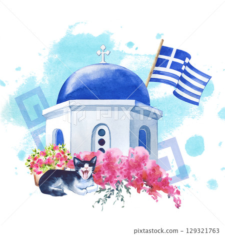 A hand-painted composition with a blue dome, a Greek flag, a blooming bougainvillea, a geometric ornament and a yawning cat. Watercolor illustration on a white background. Greece. Travel. Postcard. 129321763