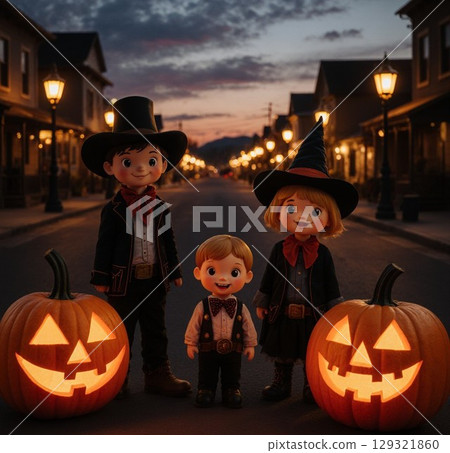 Halloween dolls illuminated at dusk Halloween dolls illuminated at dusk 129321860