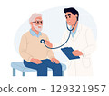 Doctor using a stethoscope to check a patient's heartbeat during a routine exam. Medical checkup concept focused on heart health, diagnosis, and patient care. 129321957