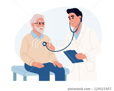 Doctor using a stethoscope to check a patient's heartbeat during a routine exam. Medical checkup concept focused on heart health, diagnosis, and patient care. Doctor using a stethoscope to check a patient's heartbeat during a routine exam. Medical checkup concept focused on heart health, diagnosis, and patient care. 129321957