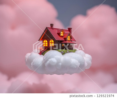 Dreamy Cottage Floating Amongst Pastel Clouds Serenity 129321974