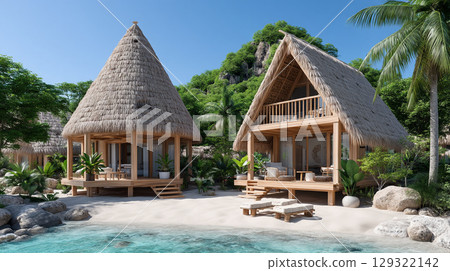 Eco friendly wellness resort featuring sustainable architecture with thatched roof bungalows surrounded by lush greenery and serene beach. perfect getaway for relaxation and nature lovers 129322142