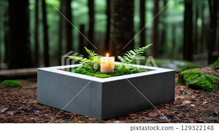 serene outdoor scene featuring modern stone planter with lush green ferns and lit candle, surrounded by tranquil forest setting. natural light enhances peaceful atmosphere, inviting relaxation 129322148