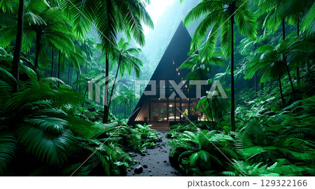 serene wooden cabin nestled in lush tropical forest, surrounded by vibrant green palm trees and dense foliage, creating peaceful retreat for relaxation and wellness serene wooden cabin nestled in lush tropical forest, surrounded by vibrant green palm trees and dense foliage, creating peaceful retreat for relaxation and wellness 129322166