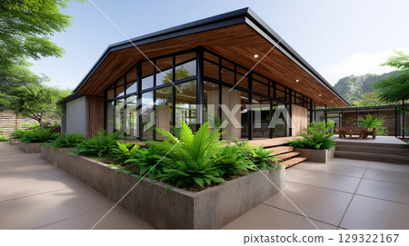 modern wooden cabin surrounded by lush greenery, featuring large glass windows and spacious outdoor area. design promotes wellness and relaxation in serene environment 129322167