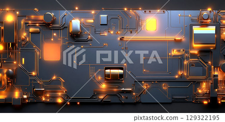 futuristic circuit board with glowing elements, showcasing intricate designs and technology. vibrant lights create dynamic and modern atmosphere 129322195