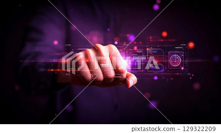 Futuristic hand gesture interacting with digital technology, showcasing smart health devices and wellness innovations vibrant, colorful environment. scene evokes sense of advanced technology 129322209