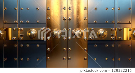 close up view of metallic vault door featuring intricate designs, shiny gold accents, and numerous screws. texture showcases blend of blue and gold tones, evoking sense of security and strength 129322215