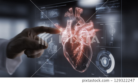 A high-resolution capturing a virtual 3D model of a human heart displayed on a futuristic diagnostic monitor in a modern clinical environment. The scene emphasizes the integration of cutting-edge A high-resolution capturing a virtual 3D model of a human heart displayed on a futuristic diagnostic monitor in a modern clinical environment. The scene emphasizes the integration of cutting-edge 129322247