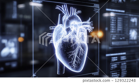 A high-resolution capturing a virtual 3D model of a human heart displayed on a futuristic diagnostic monitor in a modern clinical environment. The scene emphasizes the integration of cutting-edge 129322248