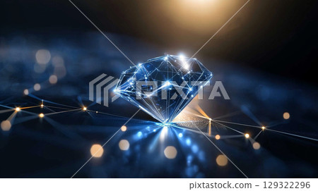 glowing diamond with modern geometric design, showcasing intricate lines and connections, set against dark background filled with soft lights and reflections 129322296