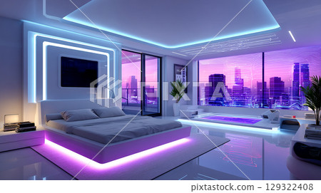 Modern bedroom design features sleek furniture, ambient lighting, and stunning city view. futuristic aesthetic creates serene atmosphere, perfect for relaxation and rejuvenation 129322408