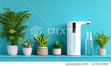 modern hydration station is displayed against vibrant turquoise wall, surrounded by various indoor plants stylish pots. sleek design of water dispenser adds touch of elegance to wellness focused 129322409