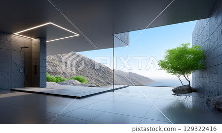 modern bathroom featuring sleek shower system, large glass walls, and stunning views of mountainous landscape. design emphasizes minimalism and tranquility modern bathroom featuring sleek shower system, large glass walls, and stunning views of mountainous landscape. design emphasizes minimalism and tranquility 129322416