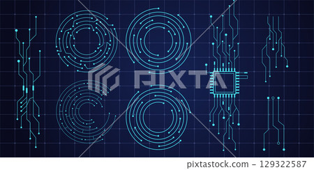 Circuit board circle line dots connection set .Futuristic ui Motherboard electronic technology data, electrical board, cpu. Programming science, computer system elements 129322587