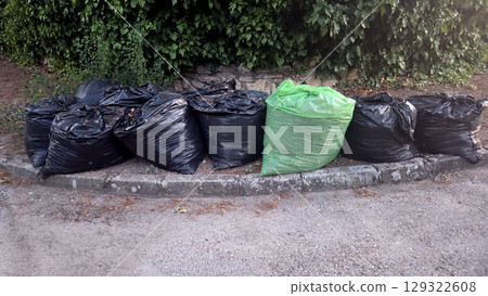 Environmental waste management: collection of black and green garbage bags on street for recycling and disposal 129322608
