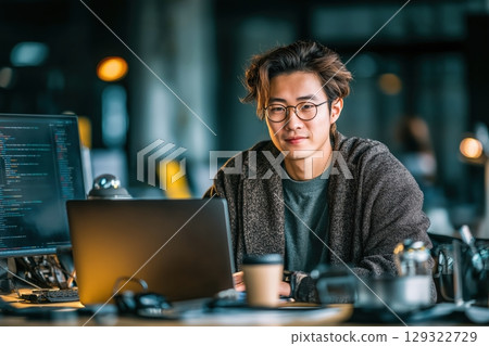 Young asian developer coding on laptop in modern office environment cheerfully 129322729