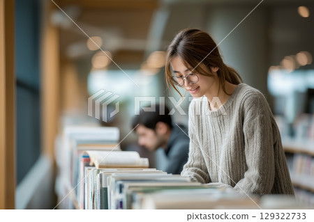 Young female student researching books in a university library during the day with dedication and 129322733