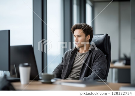 Young professional working at the office on his computer with a focused attitude 129322734