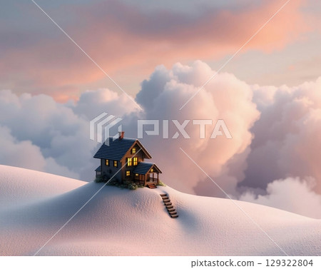 Dreamy Cottage Perched Upon a Snow-Covered Cloud Summit 129322804