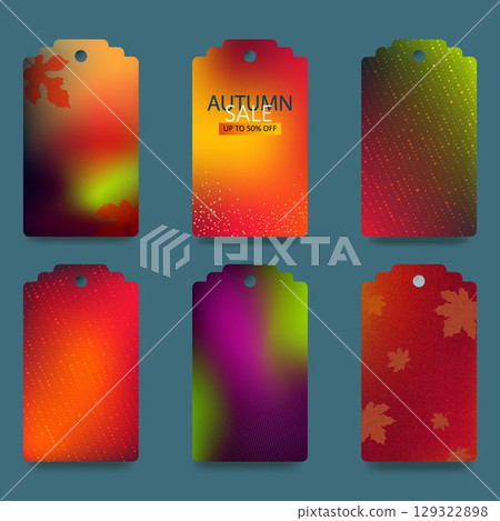 Collection of autumn sale typographic tag template with hand drawn lettering. Bright gradients, autumn leaves. Tag, postcard, label, banner design set. Vector 129322898