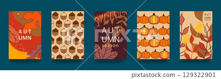 Bright covers on autumn theme. Autumn leaves, acorns, pumpkins. Printable template. Vertical banners, flyers for social networks, websites, advertising, promotions. Vector Bright covers on autumn theme. Autumn leaves, acorns, pumpkins. Printable template. Vertical banners, flyers for social networks, websites, advertising, promotions. Vector 129322901