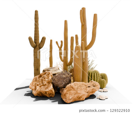 isolated desert plant with rock group on white background with clipping path, 3d illustration rendering  129322910