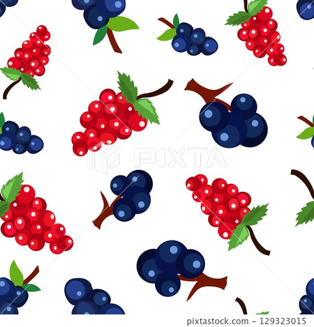 Bright red and dark blue berries are evenly distributed across a white backdrop, creating a playful and vibrant seamless pattern. Ideal for various design projects and backgrounds 129323015
