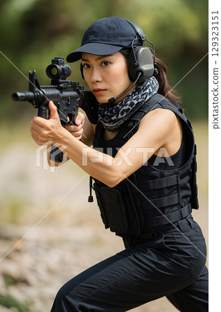 Portrait photography of a female airsoft player 129323151