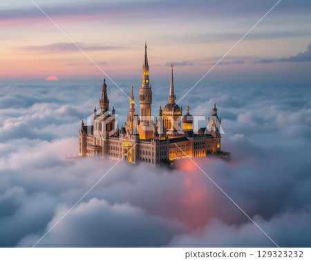 Celestial Citadel Rising Above Dreamy Cloudscape Panorama 129323232