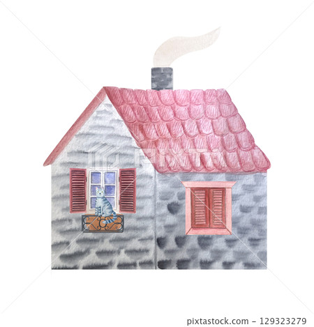 Cottage with a red tiled roof, cat, pink stone walls, and wooden shutters. Watercolor house perfect for countryside themes, children's books, rural architecture, or cozy landscape scenes 129323279