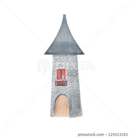 Medieval-style stone tower with a dome-shaped roof and arched wooden door. Watercolor illustration isolated on white background. Ideal for fairytales, maps, fantasy packaging, educational materials 129323283