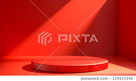 red podium on rectangular background. Conceptual banner for holidays. Pedestal for displaying good. 129323348