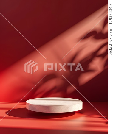 red podium on rectangular background. Conceptual banner for holidays. Pedestal for displaying good. 129323349