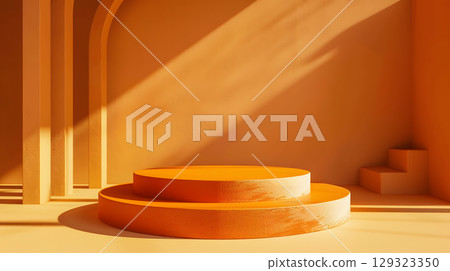 orange podium on background. Conceptual banner for holidays. Pedestal for displaying good. 129323350