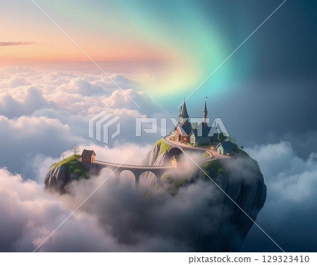 A Dreamy Cloud Island Castle with a Vibrant Rainbow A Dreamy Cloud Island Castle with a Vibrant Rainbow 129323410
