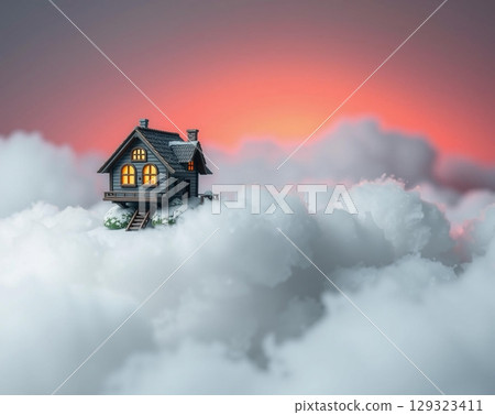 Dreamy Cottage Floating Amongst Ethereal Cloudscape Wonders Dreamy Cottage Floating Amongst Ethereal Cloudscape Wonders 129323411
