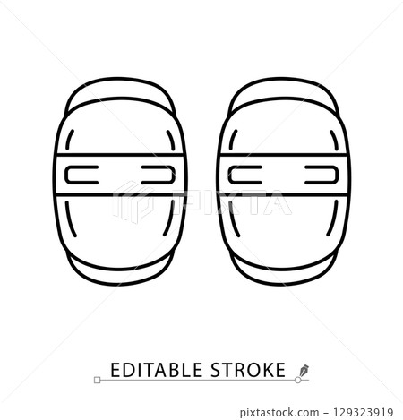 Knee pads icon in outline style with editable stroke. Protective sports gear for knees, used in training, martial arts, biking, skating, or contact sports. Vector illustration. 129323919