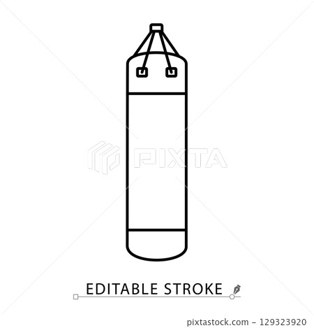 A punching bag icon in minimalist style with editable stroke. Boxing equipment, combat training, fitness gear, martial arts object, workout element, impact tool, strength sport, outline graphic. A punching bag icon in minimalist style with editable stroke. Boxing equipment, combat training, fitness gear, martial arts object, workout element, impact tool, strength sport, outline graphic. 129323920